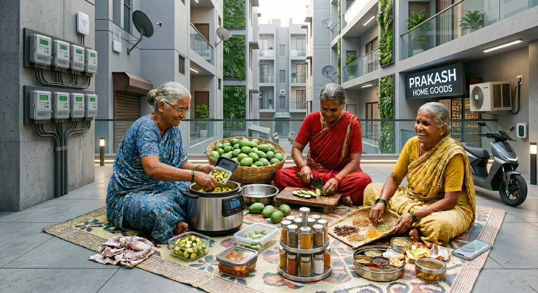 Three women sitting together preparing homemade achaar with fresh mangoes and spices